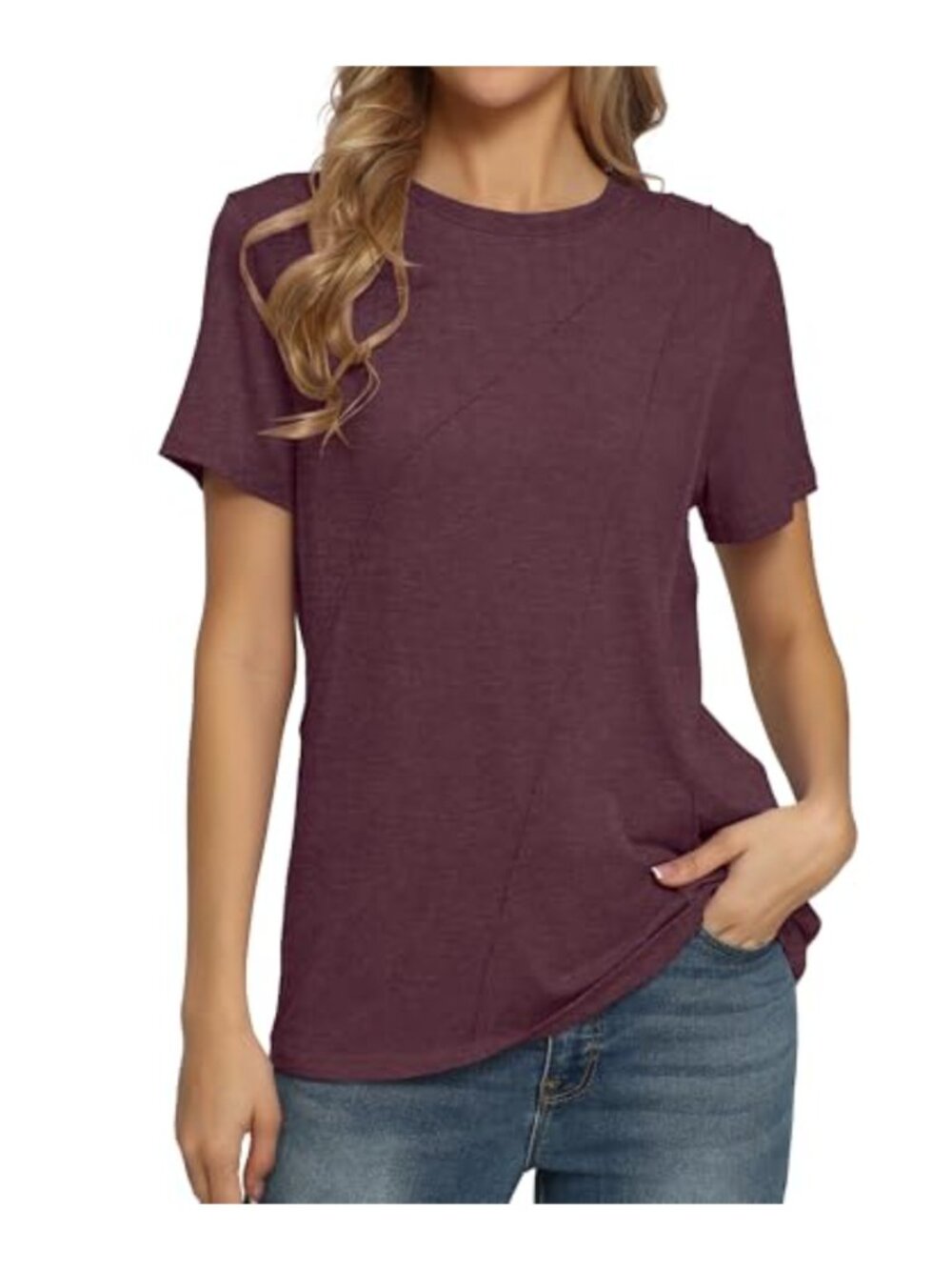 Womens Summer T Shirt Short Sleeve Crew Neck Pleated Loose Fit Casual Basic Tee